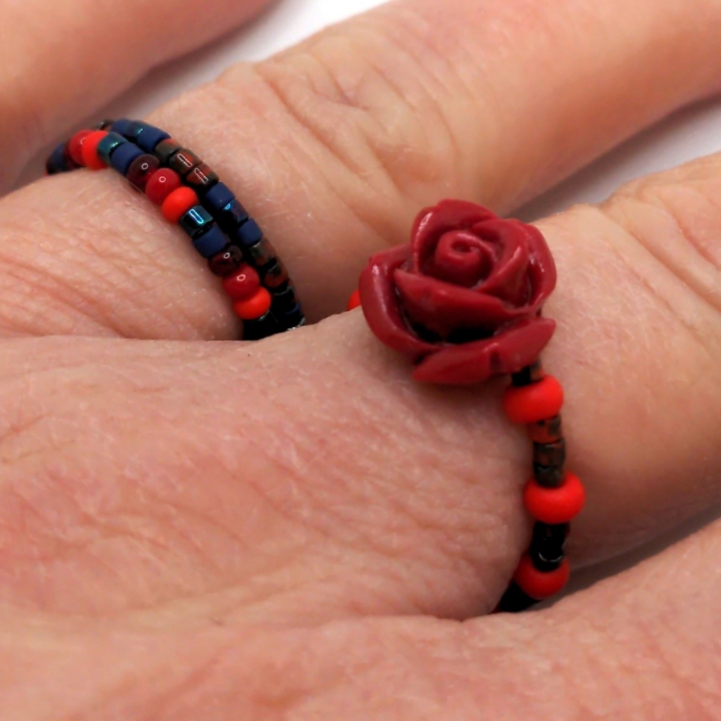 Elegant Coral Rose Czech Glass Rings